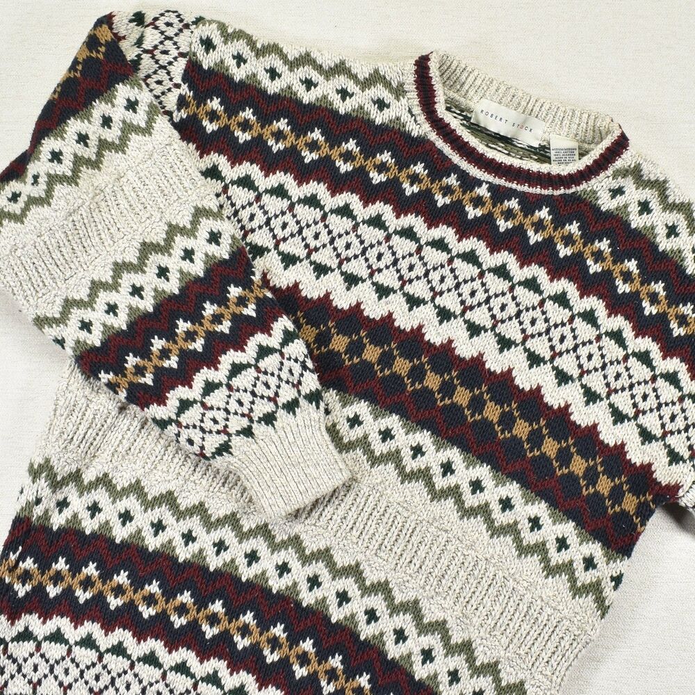 Vintage Robert Stock Sweater Mens M Beige Fair Isle Heavyweight Crewneck USA